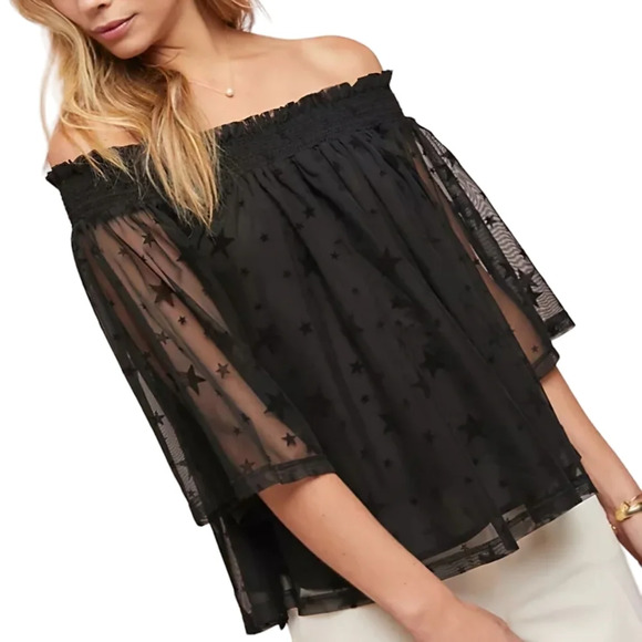 Anthropologie Maeve Black Stars Sheer Off-Shoulder Top - Picture 1 of 5